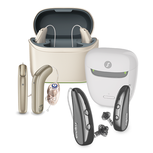 Mehrere Modelle von Hinter-dem-Ohr-Hörgeräten